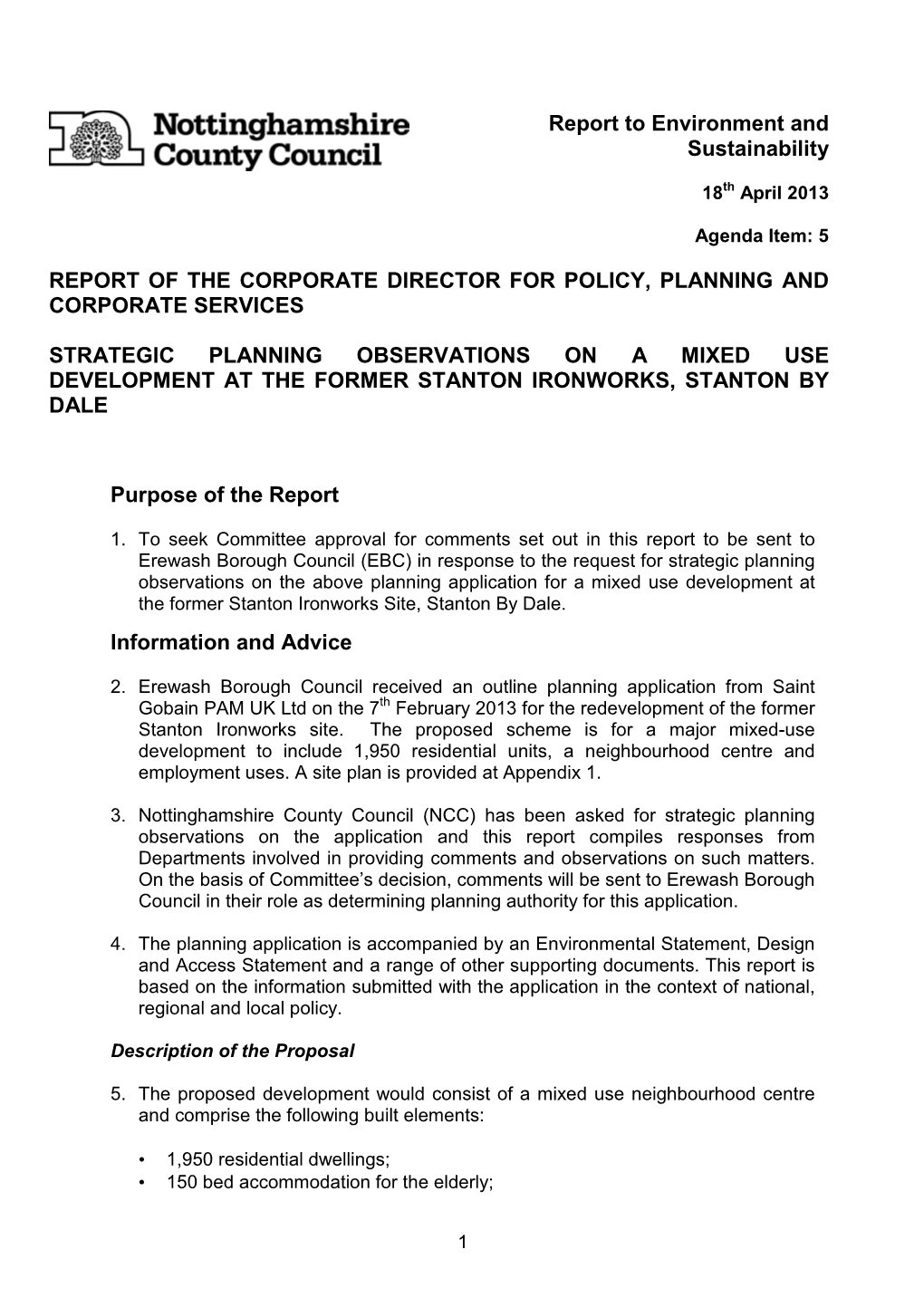 Report to Environment and Sustainability REPORT of the CORPORATE DIRECTOR for POLICY, PLANNING and CORPORATE SERVICES STRATEGIC