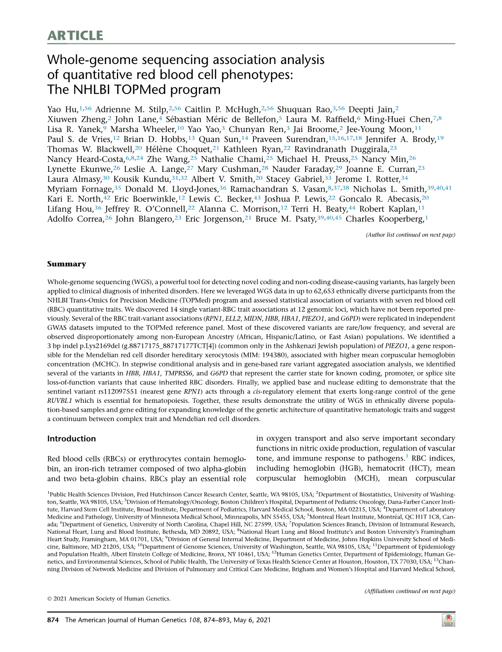 Whole-Genome Sequencing Association Analysis of Quantitative Red Blood Cell Phenotypes: the NHLBI Topmed Program