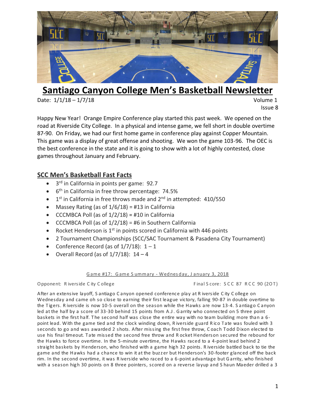 Santiago Canyon College Men's Basketball Newsletter