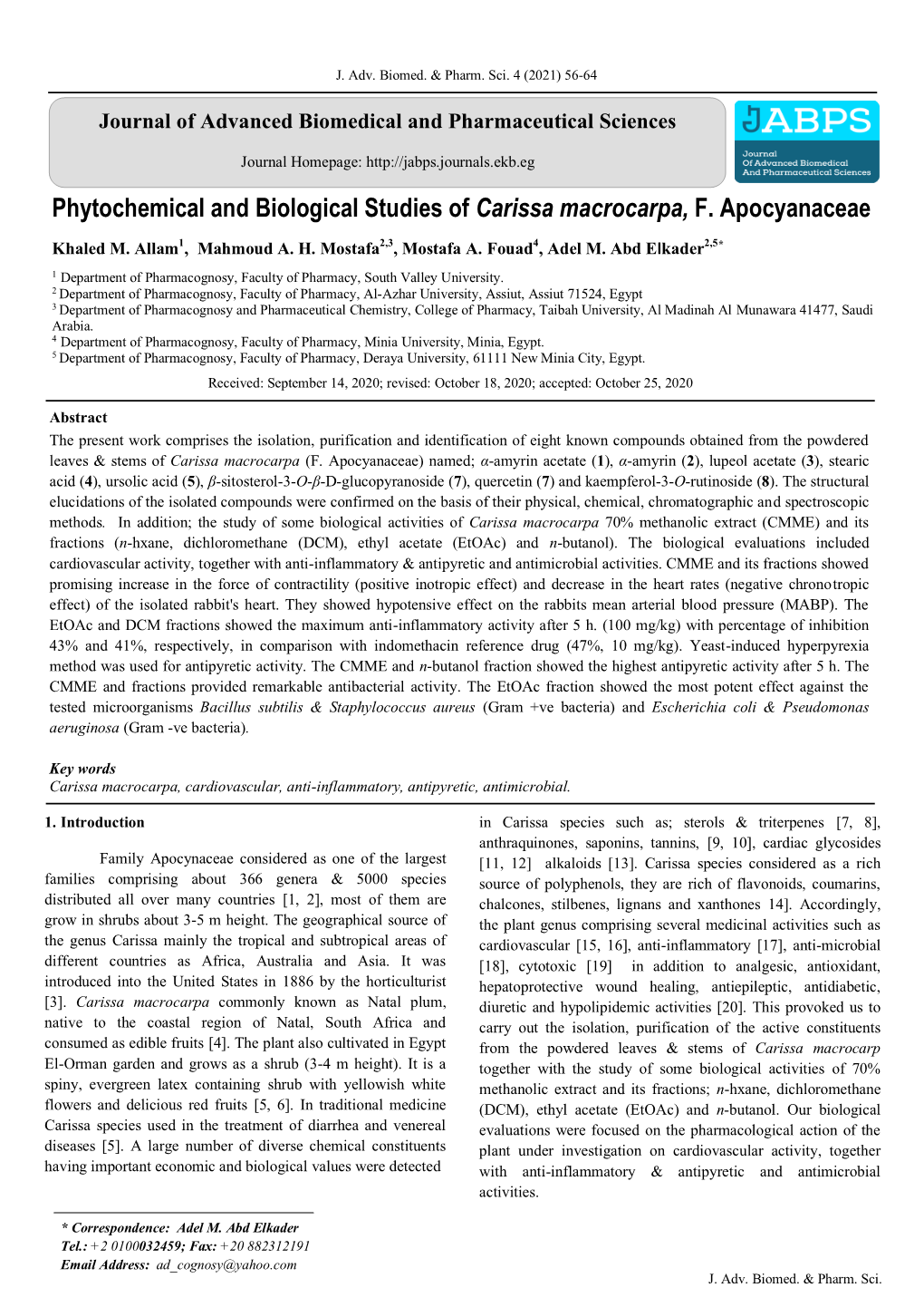 Phytochemical and Biological Studies of Carissa Macrocarpa, F