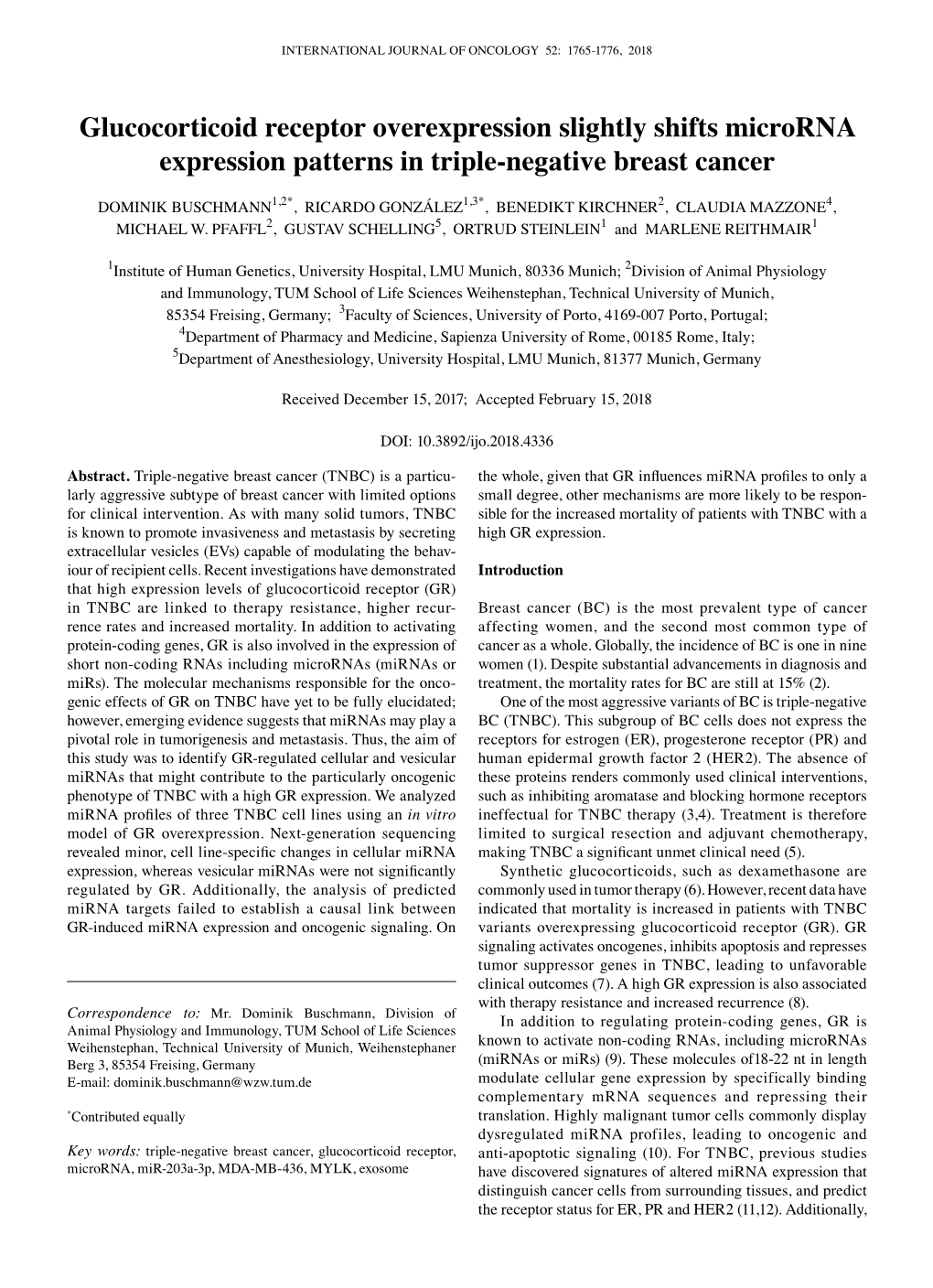 Glucocorticoid Receptor Overexpression Slightly Shifts Microrna Expression Patterns in Triple-Negative Breast Cancer