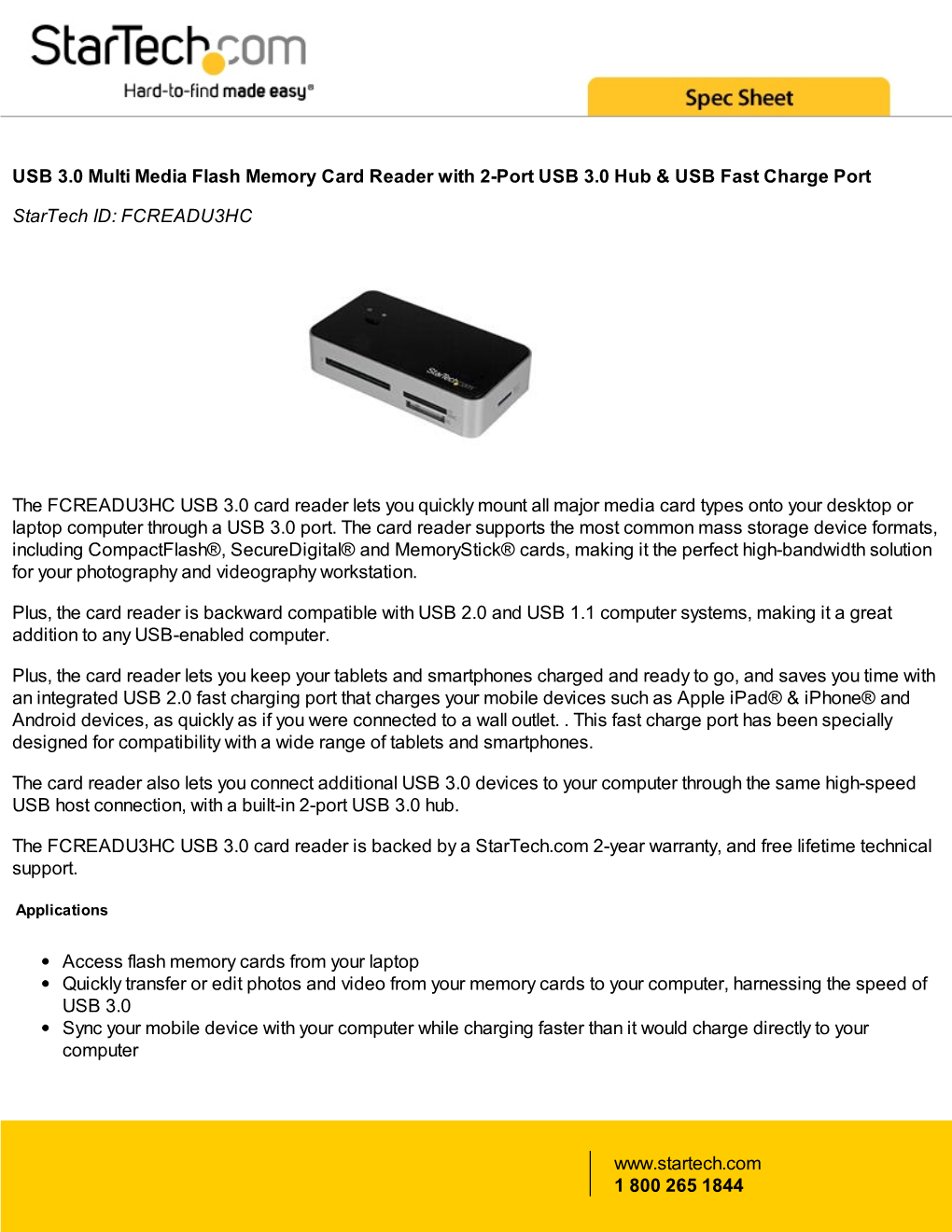 USB 3.0 Multi Media Flash Memory Card Reader with 2-Port USB 3.0 Hub & USB Fast Charge Port