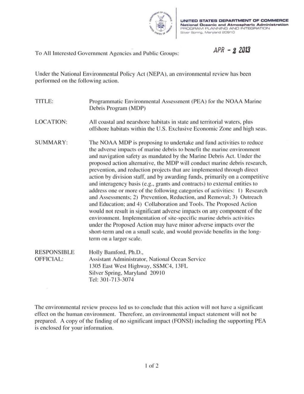 NOAA MDP Programmatic Environmental Assessment