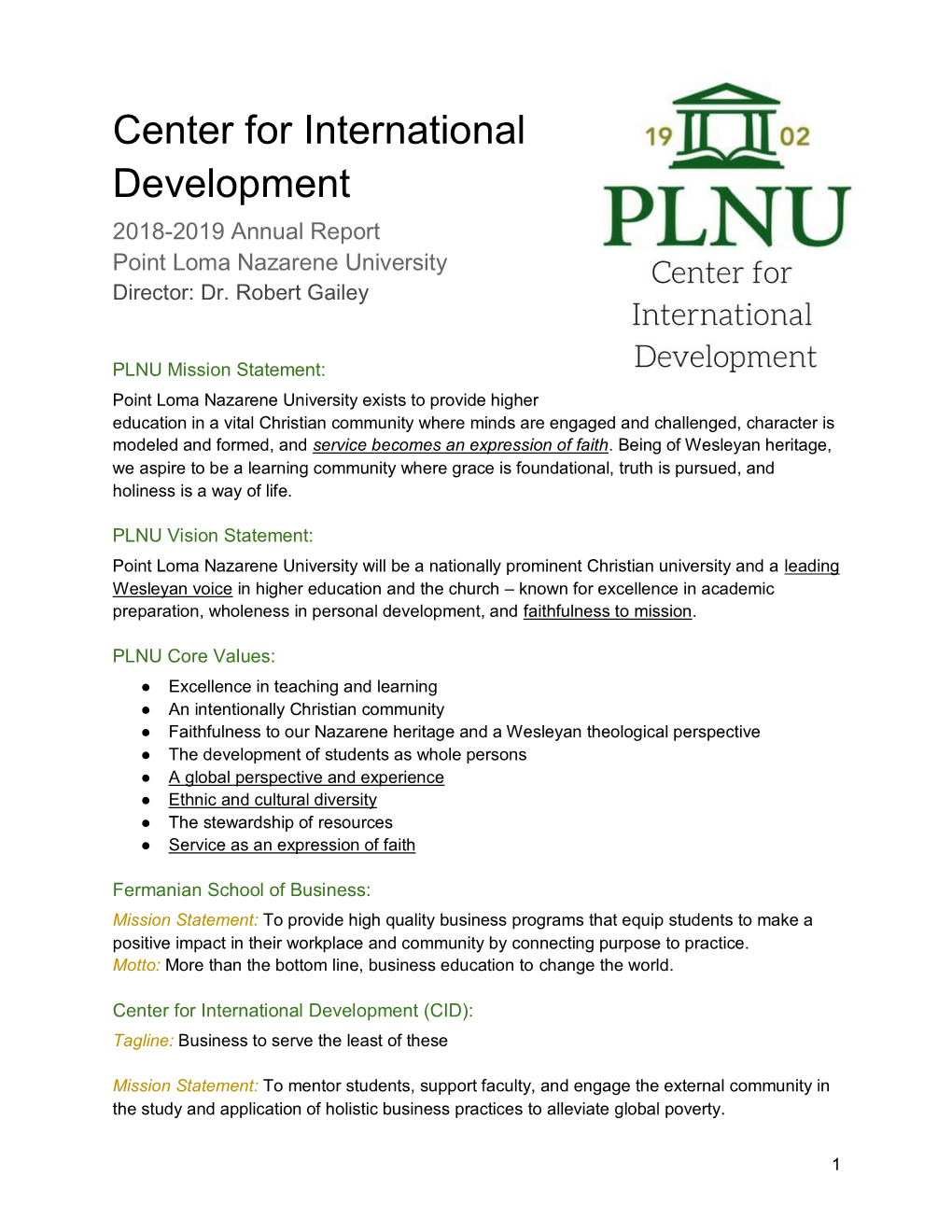 Center for International Development 2018-2019 Annual Report Point Loma Nazarene University Director: Dr