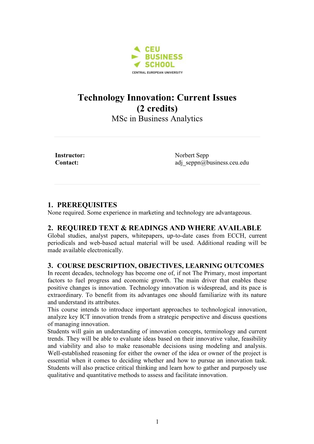 Technology Innovation: Current Issues (2 Credits) Msc in Business Analytics