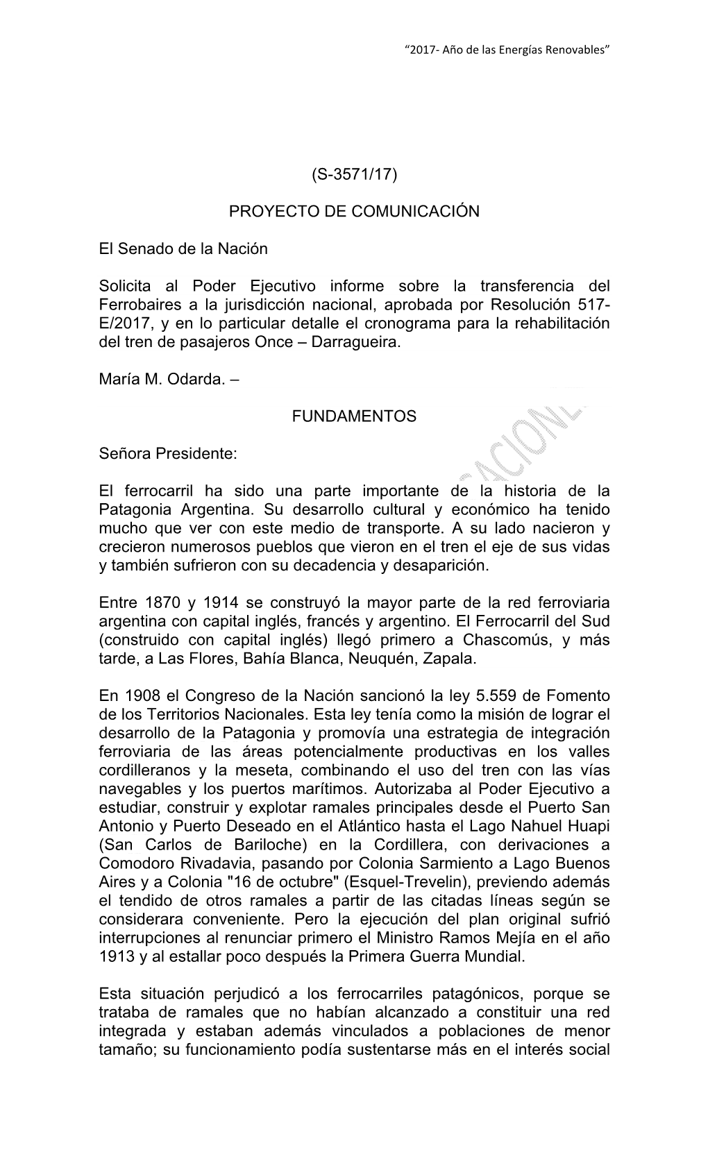 (S-3571/17) PROYECTO DE COMUNICACIÓN El Senado De La
