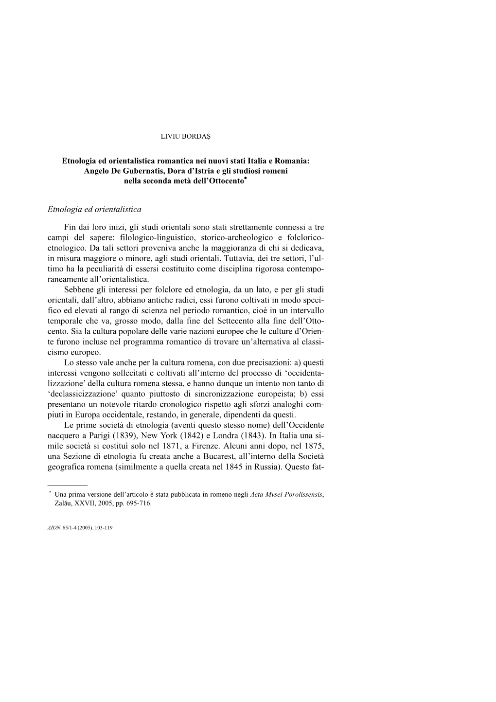 Etnologia Ed Orientalistica Romantica Nei Nuovi Stati Italia E Romania: Angelo De Gubernatis, Dora D’Istria E Gli Studiosi Romeni Nella Seconda Metà Dell’Ottocento∗