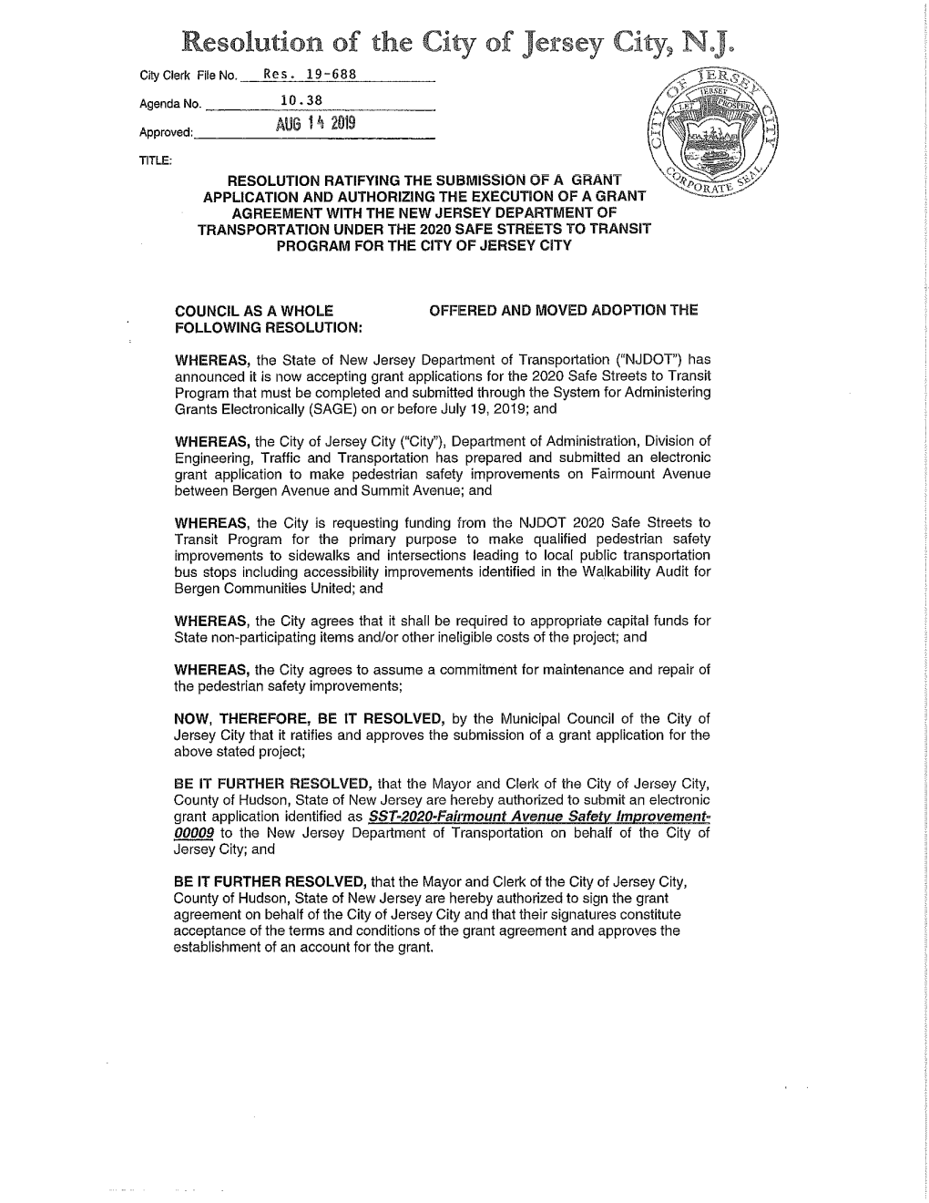 Resolution of the City of Jersey City, Re Cityclerk File No