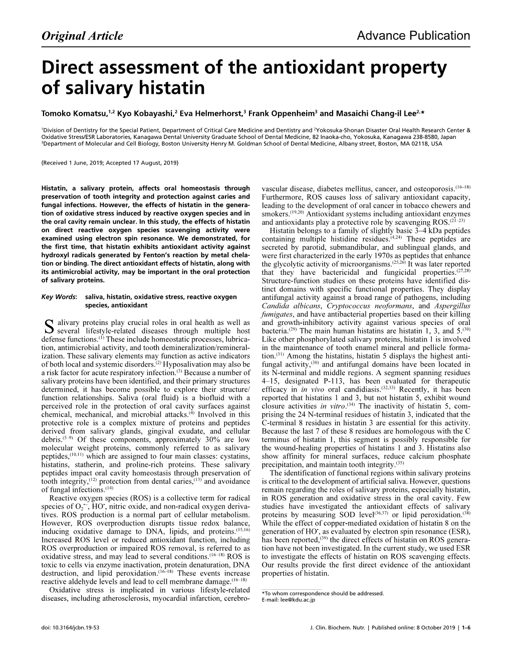 Direct Assessment of the Antioxidant Property of Salivary Histatin