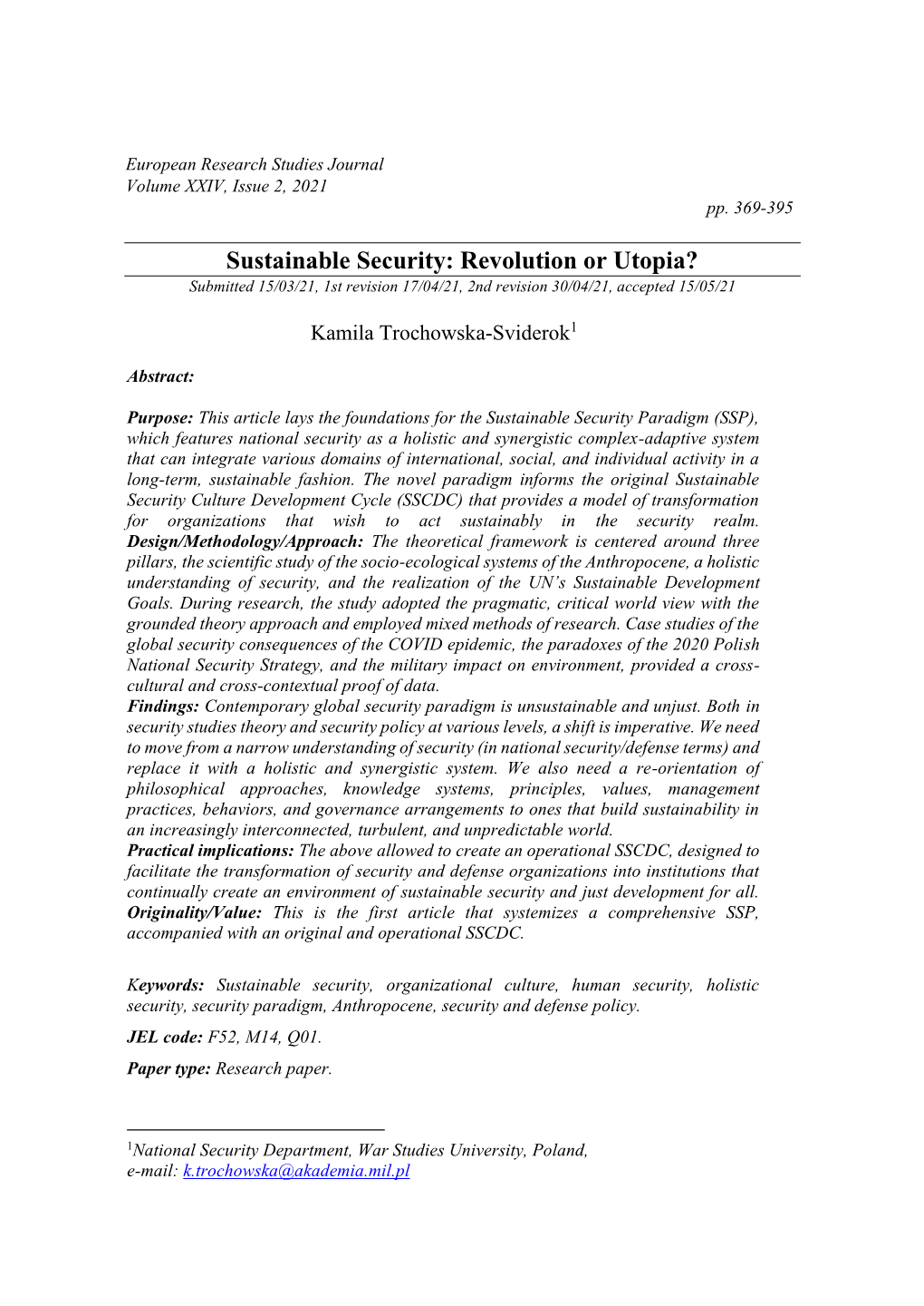Sustainable Security: Revolution Or Utopia? Submitted 15/03/21, 1St Revision 17/04/21, 2Nd Revision 30/04/21, Accepted 15/05/21