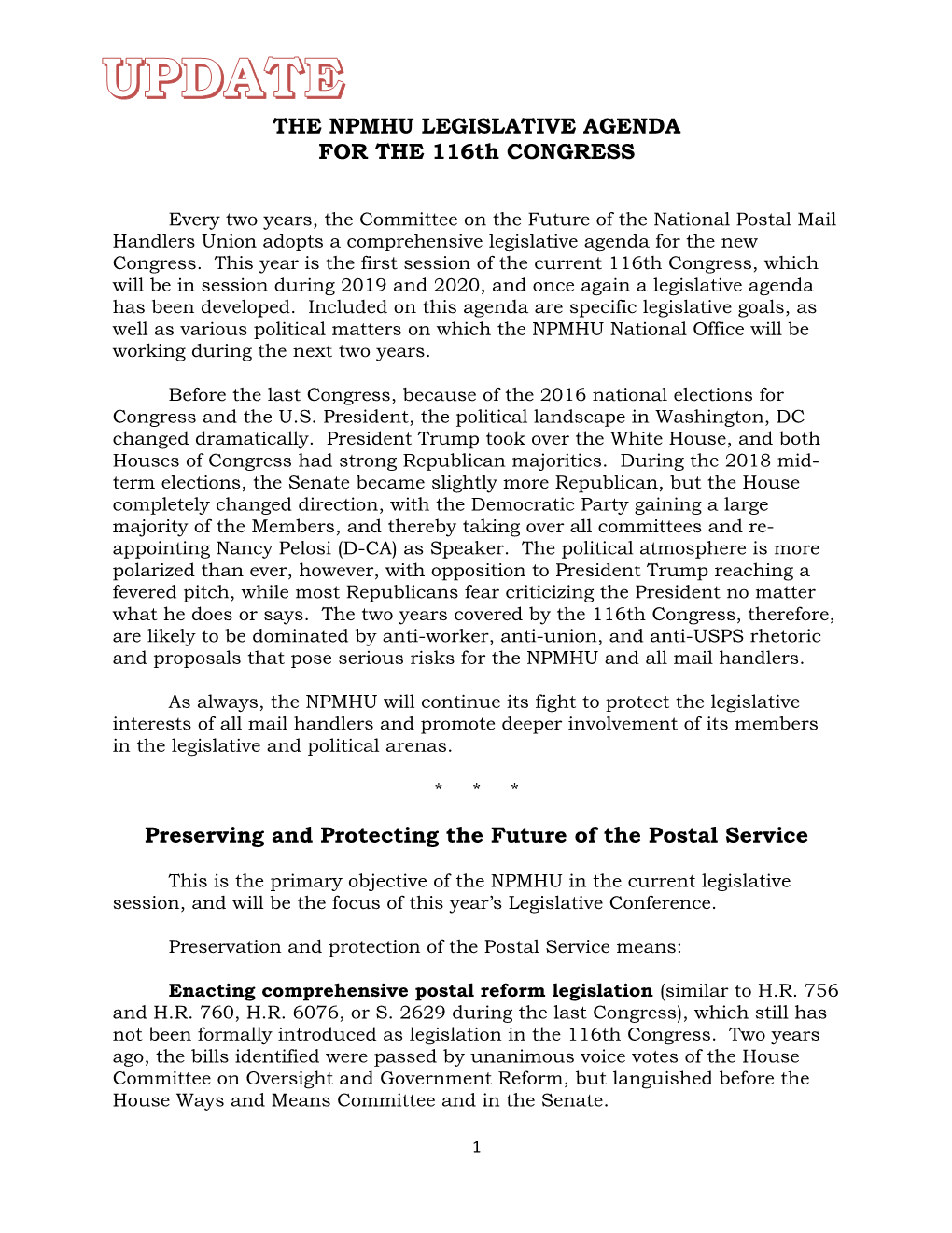 THE NPMHU LEGISLATIVE AGENDA for the 116Th CONGRESS