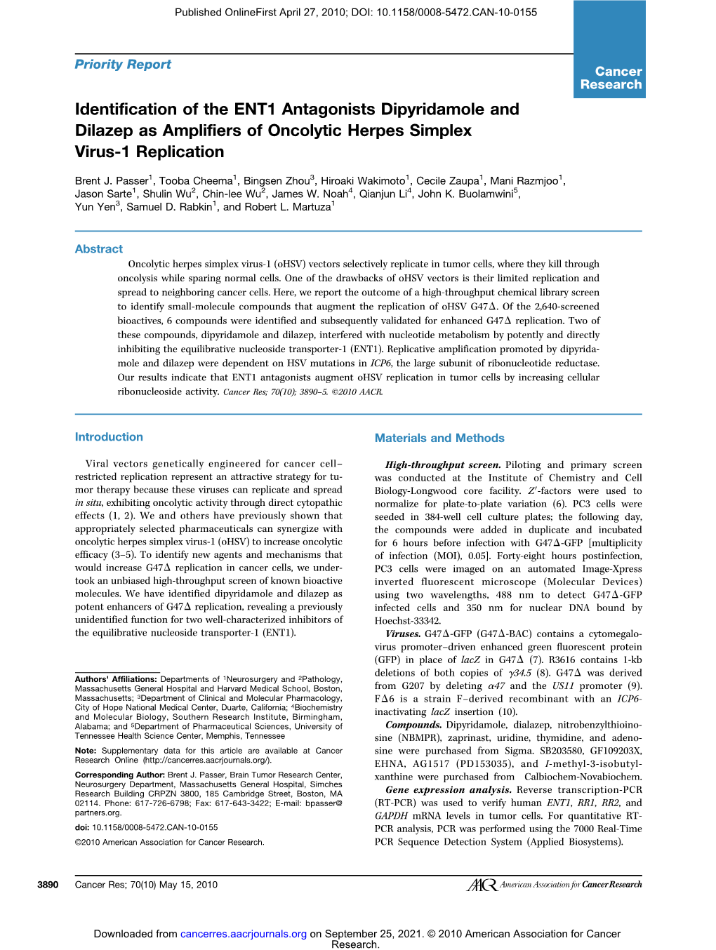 Identification of the ENT1 Antagonists Dipyridamole and Dilazep As Amplifiers of Oncolytic Herpes Simplex Virus-1 Replication