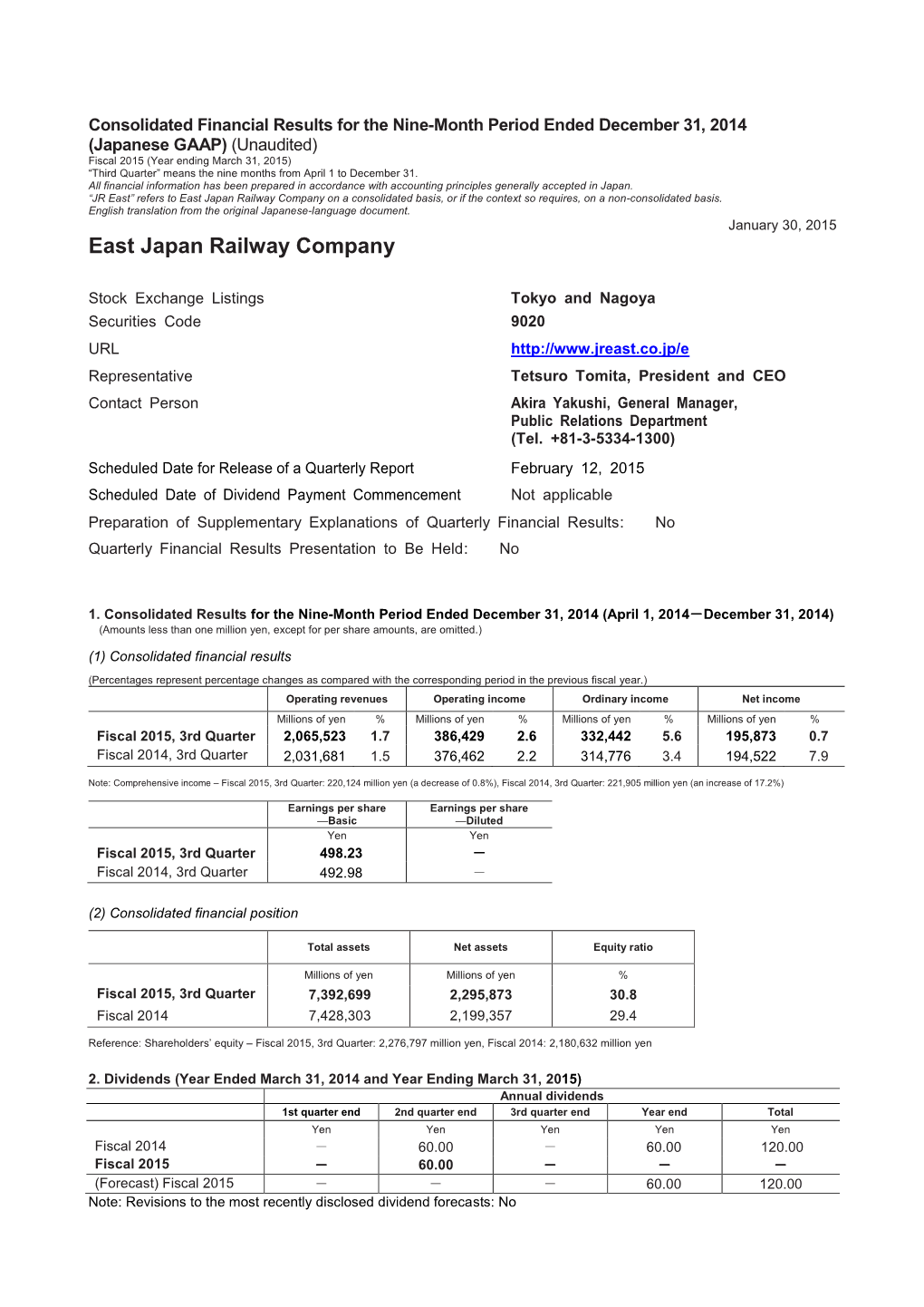 Consolidated Financial Results for the Nine-Month Period Ended