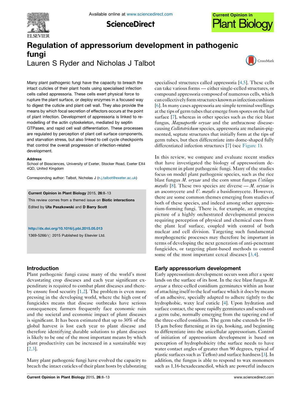 Regulation of Appressorium Development in Pathogenic Fungi