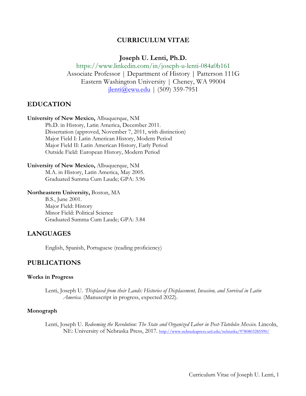 CURRICULUM VITAE Joseph U. Lenti, Ph.D