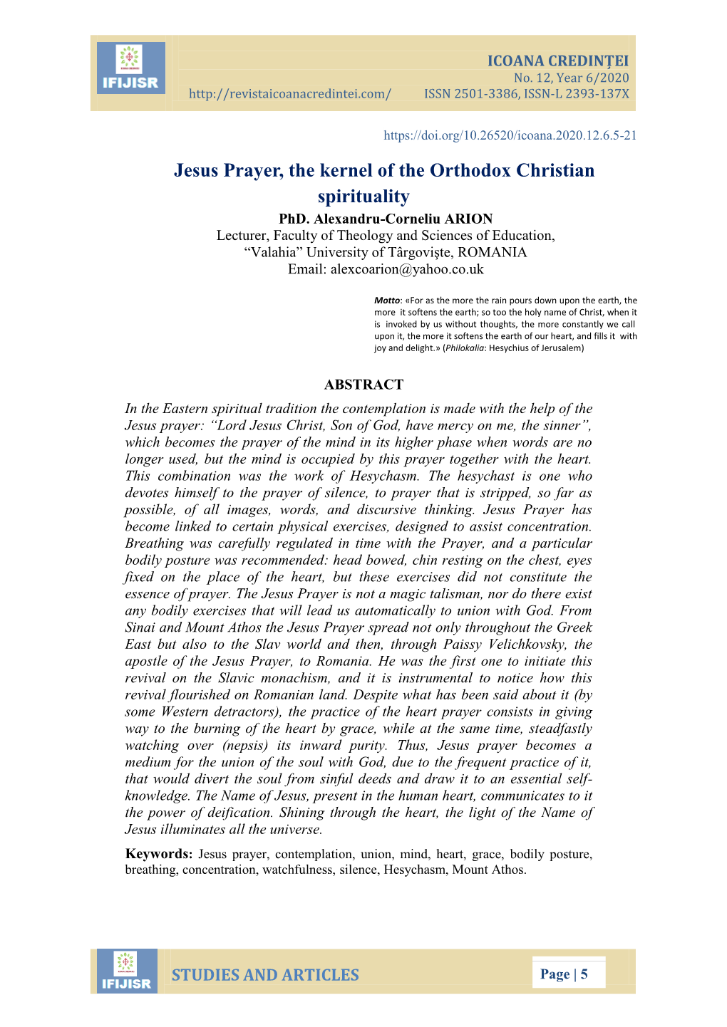 Jesus Prayer, the Kernel of the Orthodox Christian Spirituality Phd