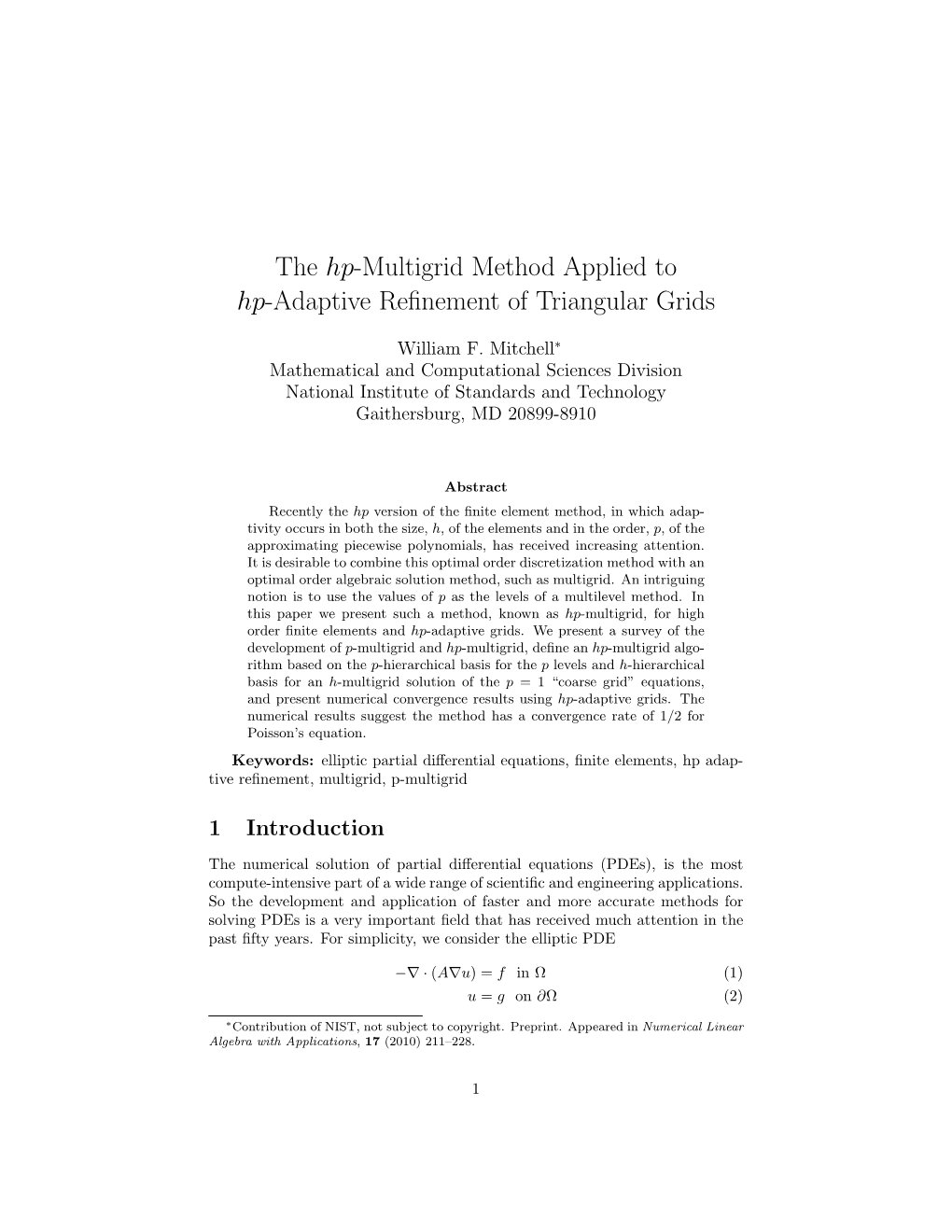 The Hp-Multigrid Method Applied to Hp-Adaptive Refinement of Triangular