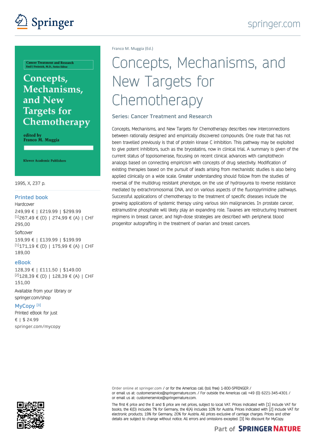 Concepts, Mechanisms, and New Targets for Chemotherapy Series: Cancer Treatment and Research