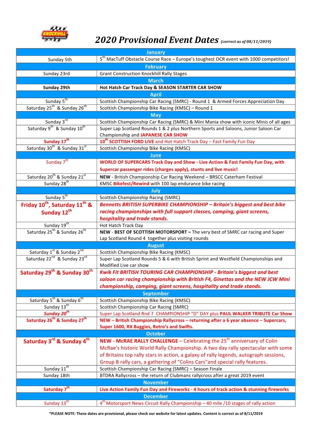 2020 Provisional Event Dates (Correct As of 08