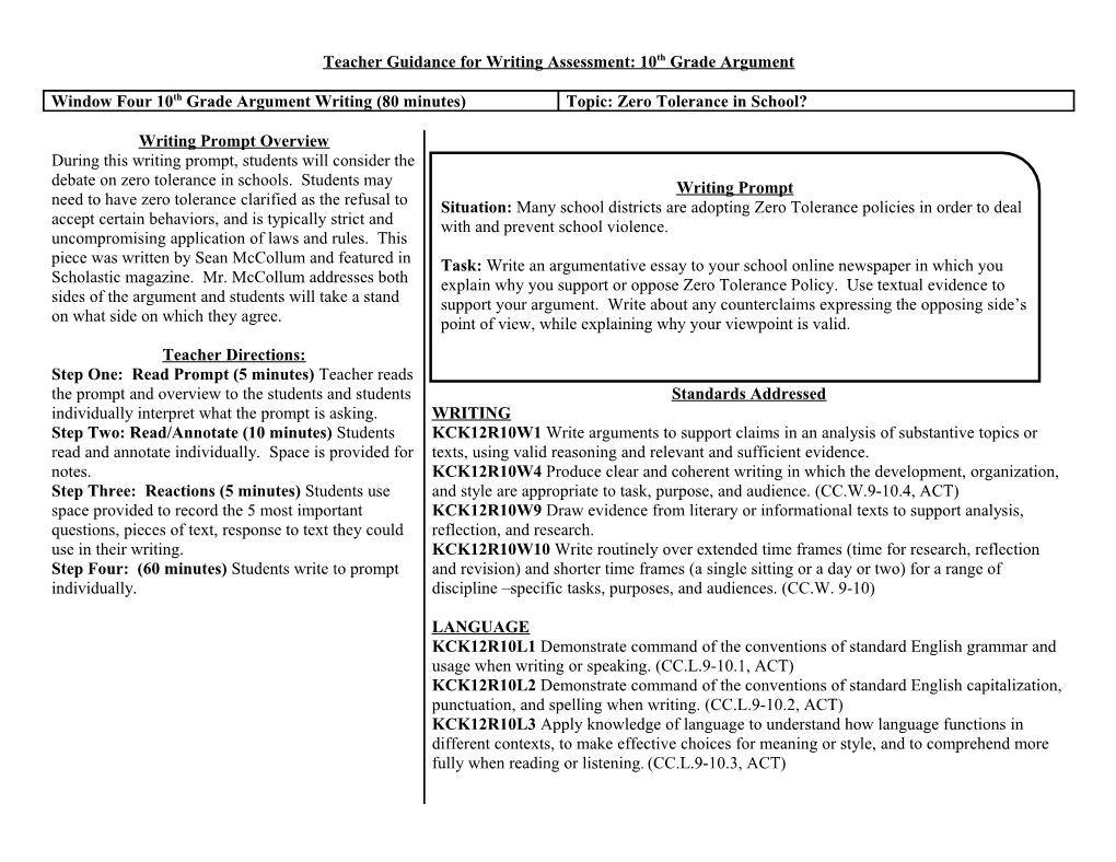 Teacher Guidance for Writing Assessment: 10Th Grade Argument