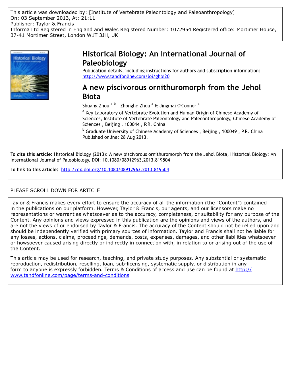 A New Piscivorous Ornithuromorph from the Jehol Biota