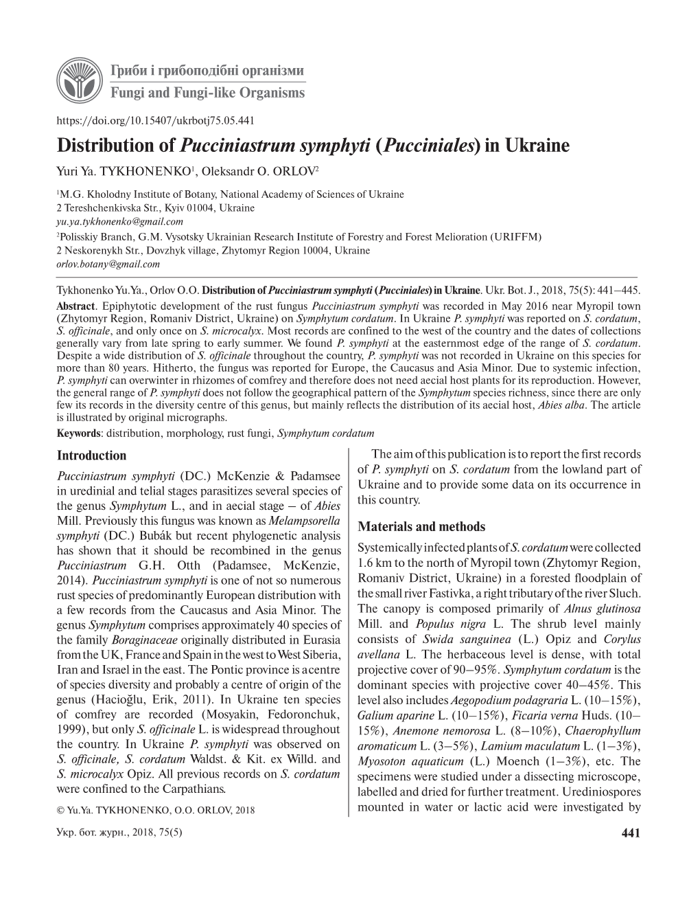 Distribution of Pucciniastrum Symphyti (Pucciniales) in Ukraine Yuri Ya