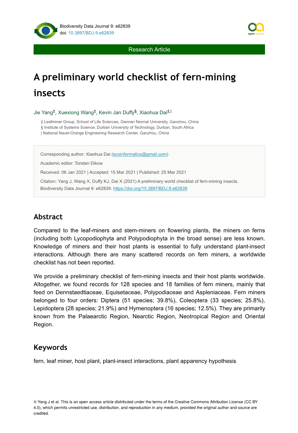 A Preliminary World Checklist of Fern-Mining Insects