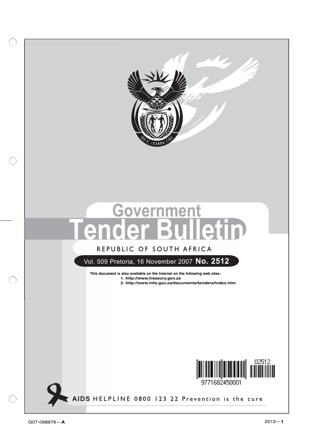 Tender Bulletin REPUBLICREPUBLIC of of SOUTH SOUTH AFRICAAFRICA Vol