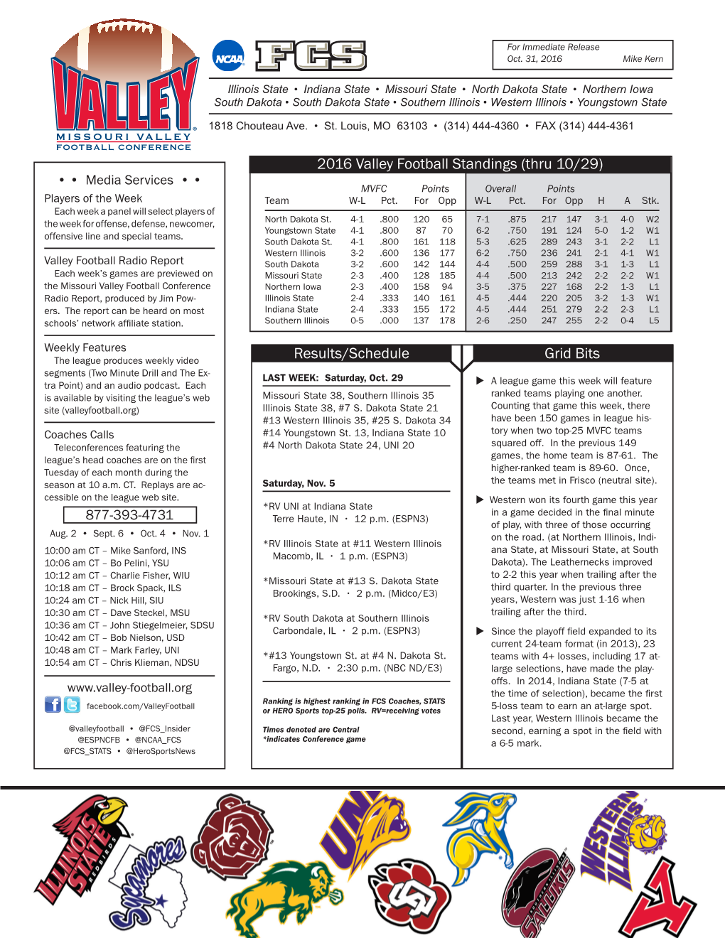 2016 Valley Football Standings (Thru 10/29) Results/Schedule Grid Bits