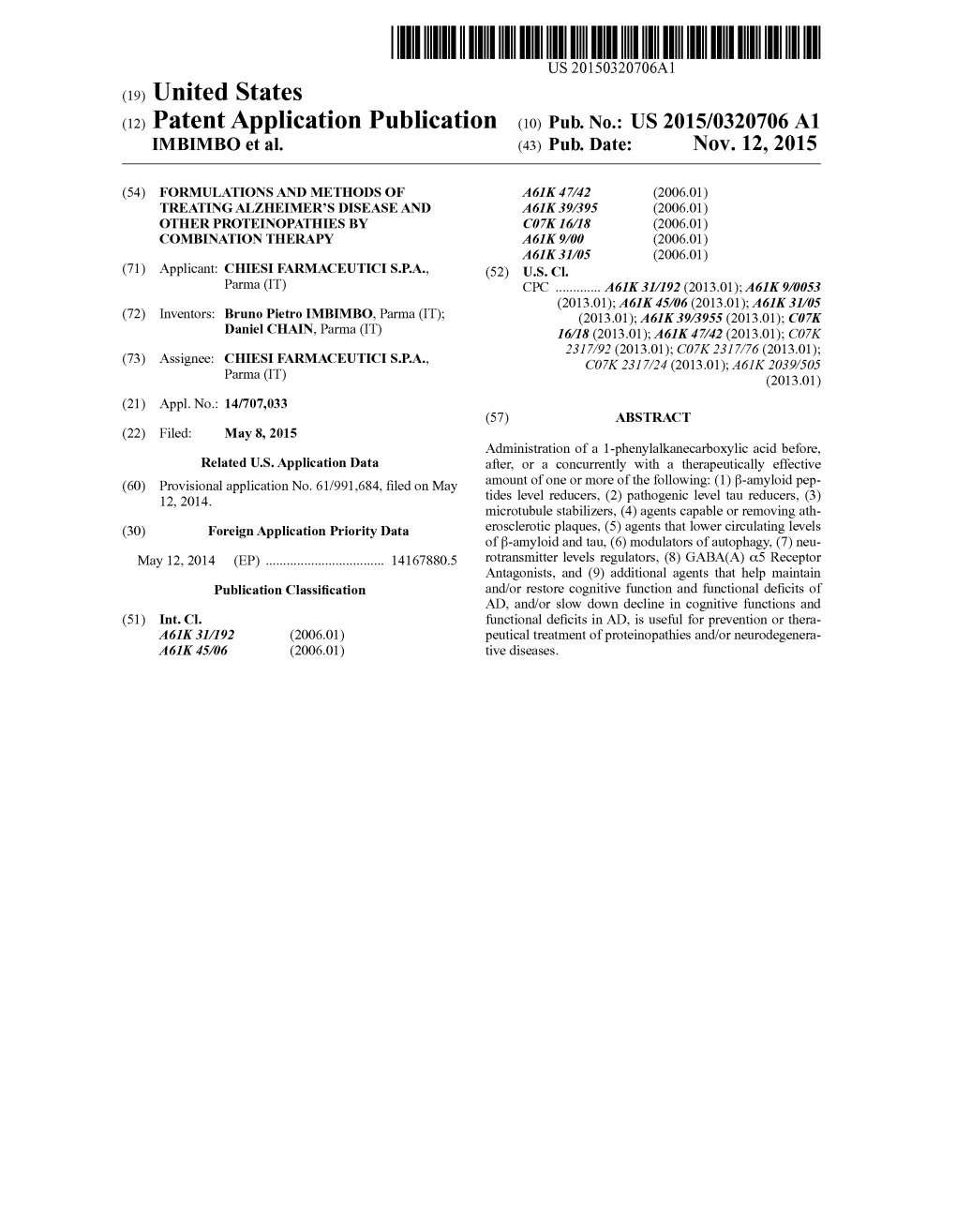 (12) Patent Application Publication (10) Pub. No.: US 2015/0320706 A1 MBMBO Et Al