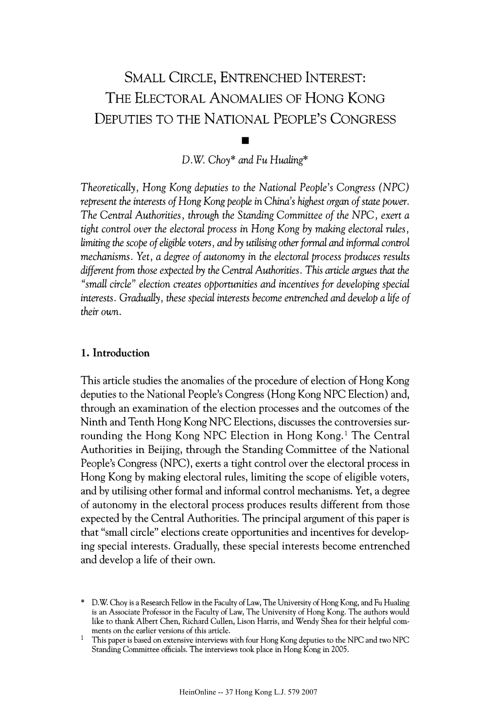Small Circle, Entrenched Interest: the Electoral Anomalies of Hong Kong Deputies to the National People's Congress