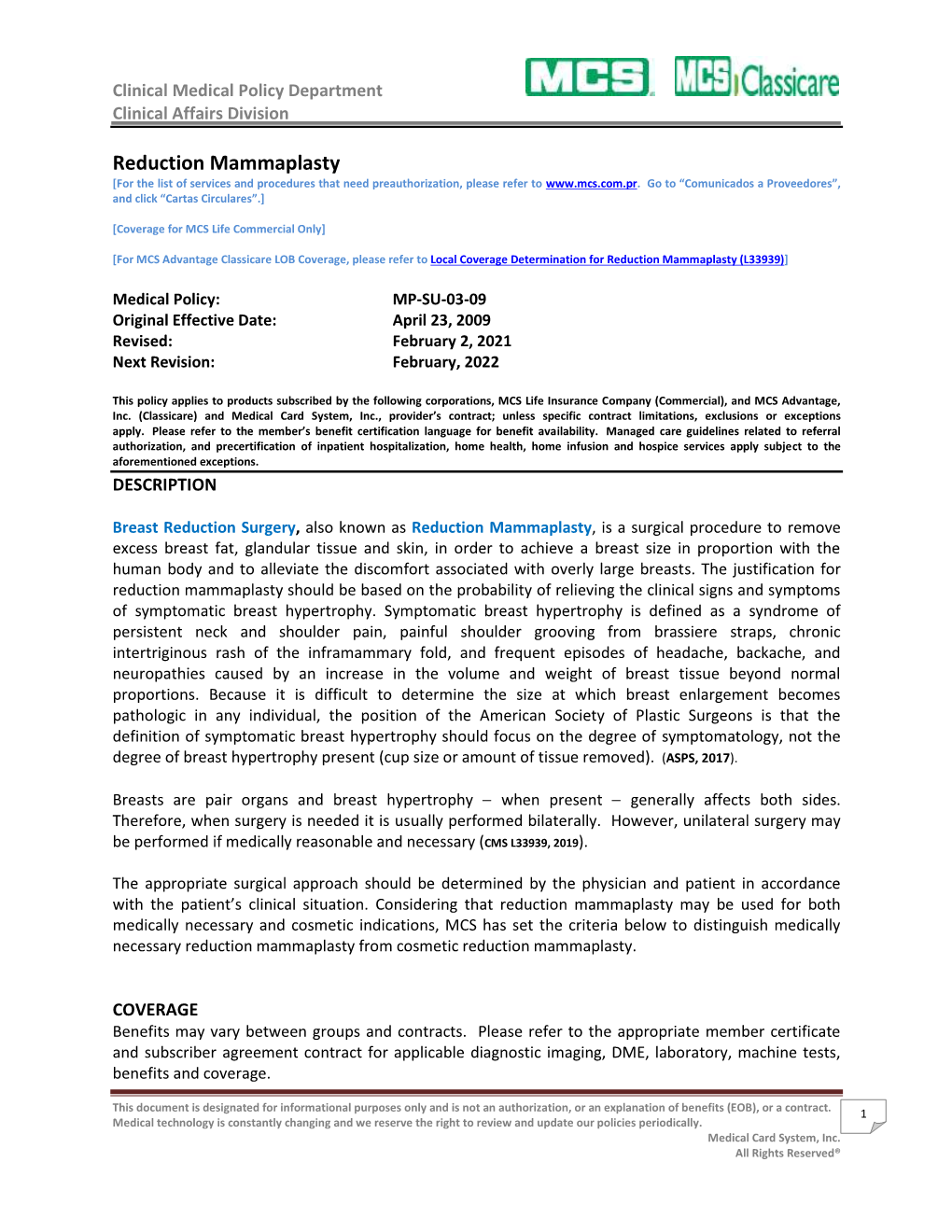 Reduction Mammaplasty [For the List of Services and Procedures That Need Preauthorization, Please Refer To