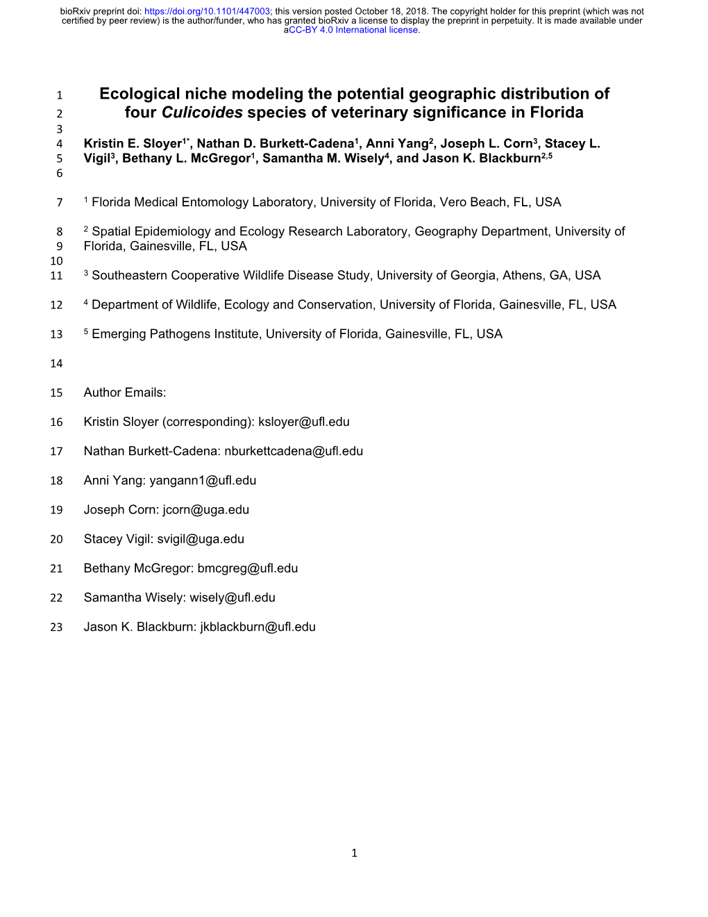 Ecological Niche Modeling the Potential Geographic Distribution of 2 Four Culicoides Species of Veterinary Significance in Florida 3 4 Kristin E