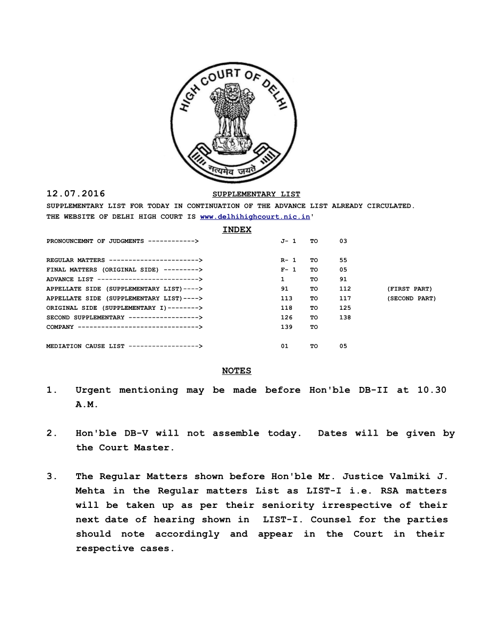 12.07.2016 Supplementary List Supplementary List for Today in Continuation of the Advance List Already Circulated