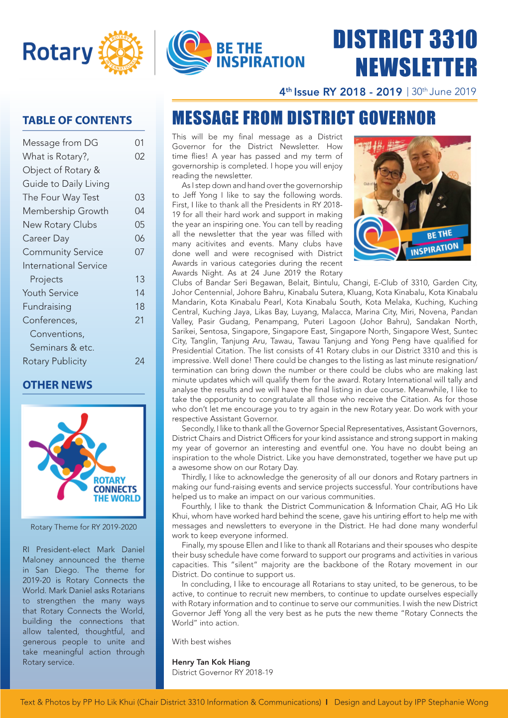 DISTRICT 3310 NEWSLETTER 4Th Issue RY 2018 - 2019 30Th June 2019