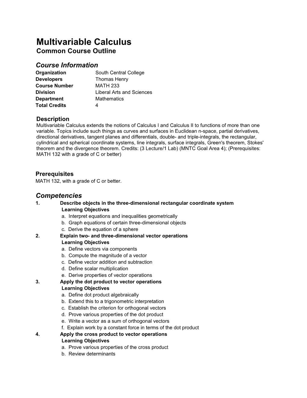 Multivariable Calculus Common Course Outline