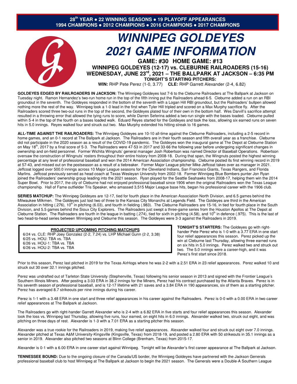 WINNIPEG GOLDEYES 2021 GAME INFORMATION GAME: #30 HOME GAME: #13 WINNIPEG GOLDEYES (12-17) Vs