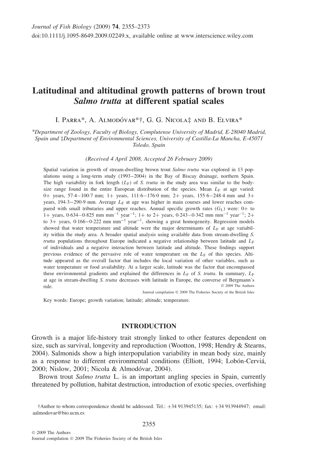 Latitudinal and Altitudinal Growth Patterns of Brown Trout Salmo Trutta at Different Spatial Scales