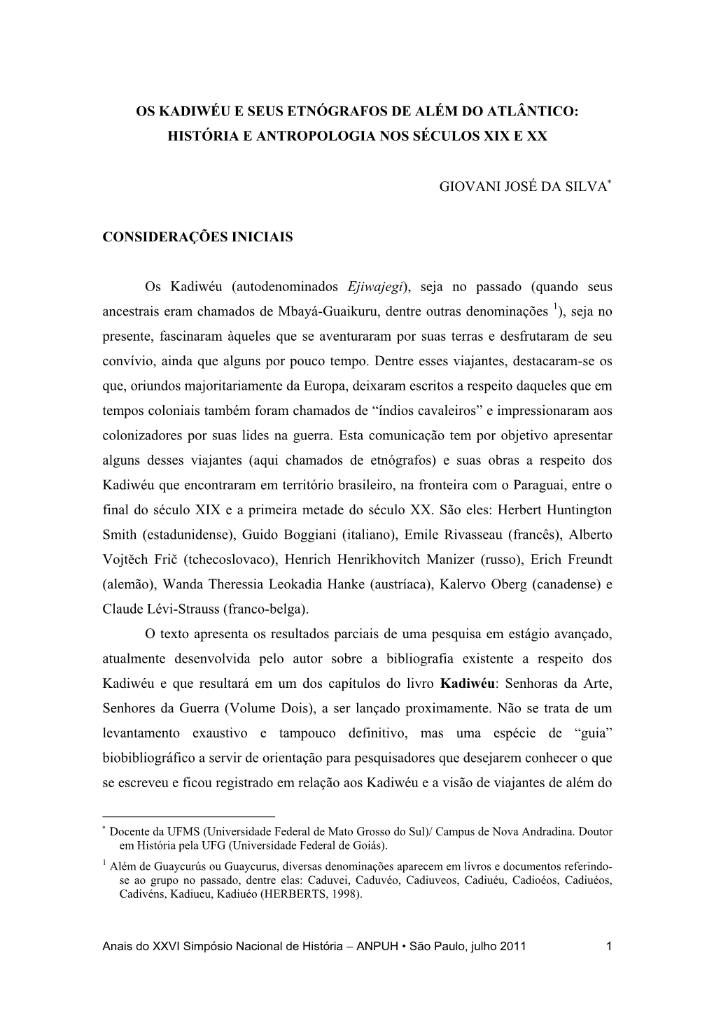 Os Kadiwéu E Seus Etnógrafos De Além Do Atlântico: História E Antropologia Nos Séculos Xix E Xx