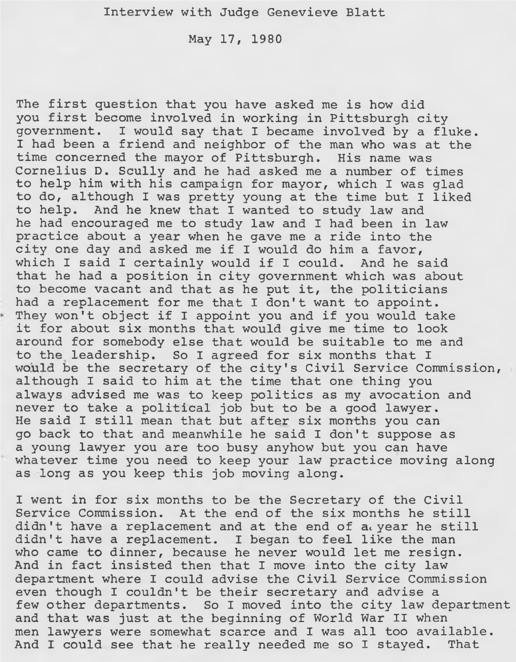 Interview with Judge Genevieve Blatt May 17, 1980 the First Question That