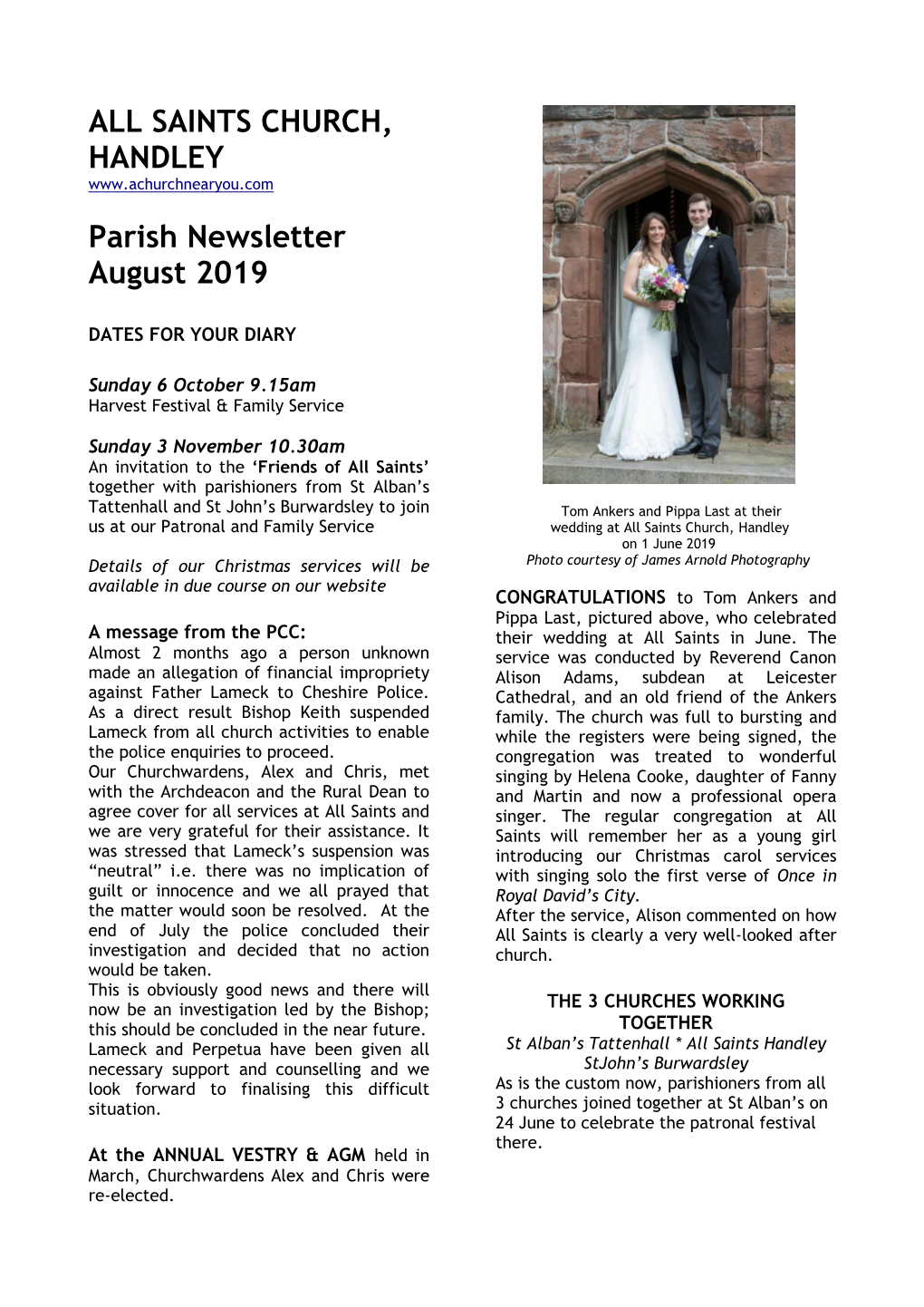 ALL SAINTS CHURCH, HANDLEY Parish Newsletter August 2019