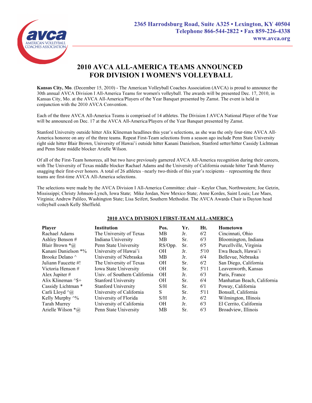 2010 Avca All-America Teams Announced for Division I Women's Volleyball