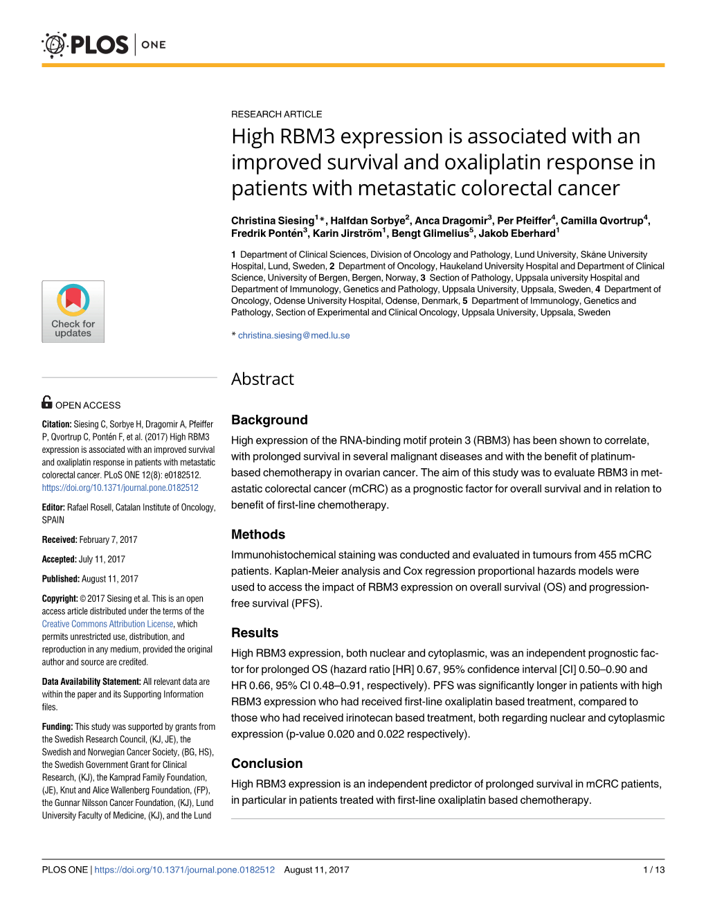 High RBM3 Expression Is Associated with an Improved Survival and Oxaliplatin Response in Patients with Metastatic Colorectal Cancer