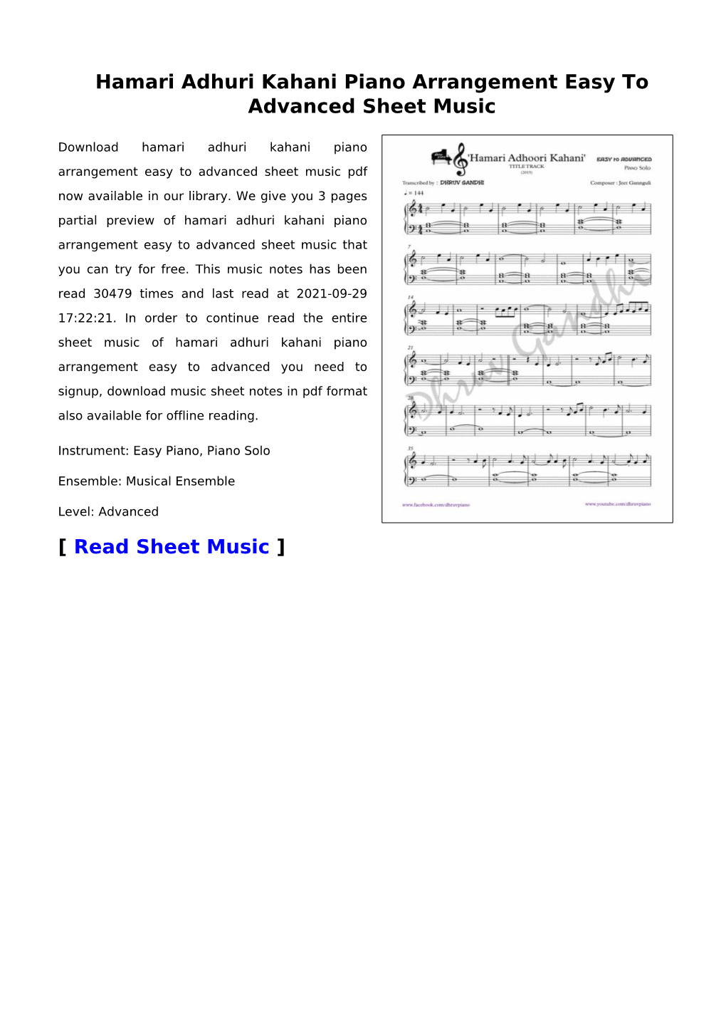 Hamari Adhuri Kahani Piano Arrangement Easy to Advanced Sheet Music