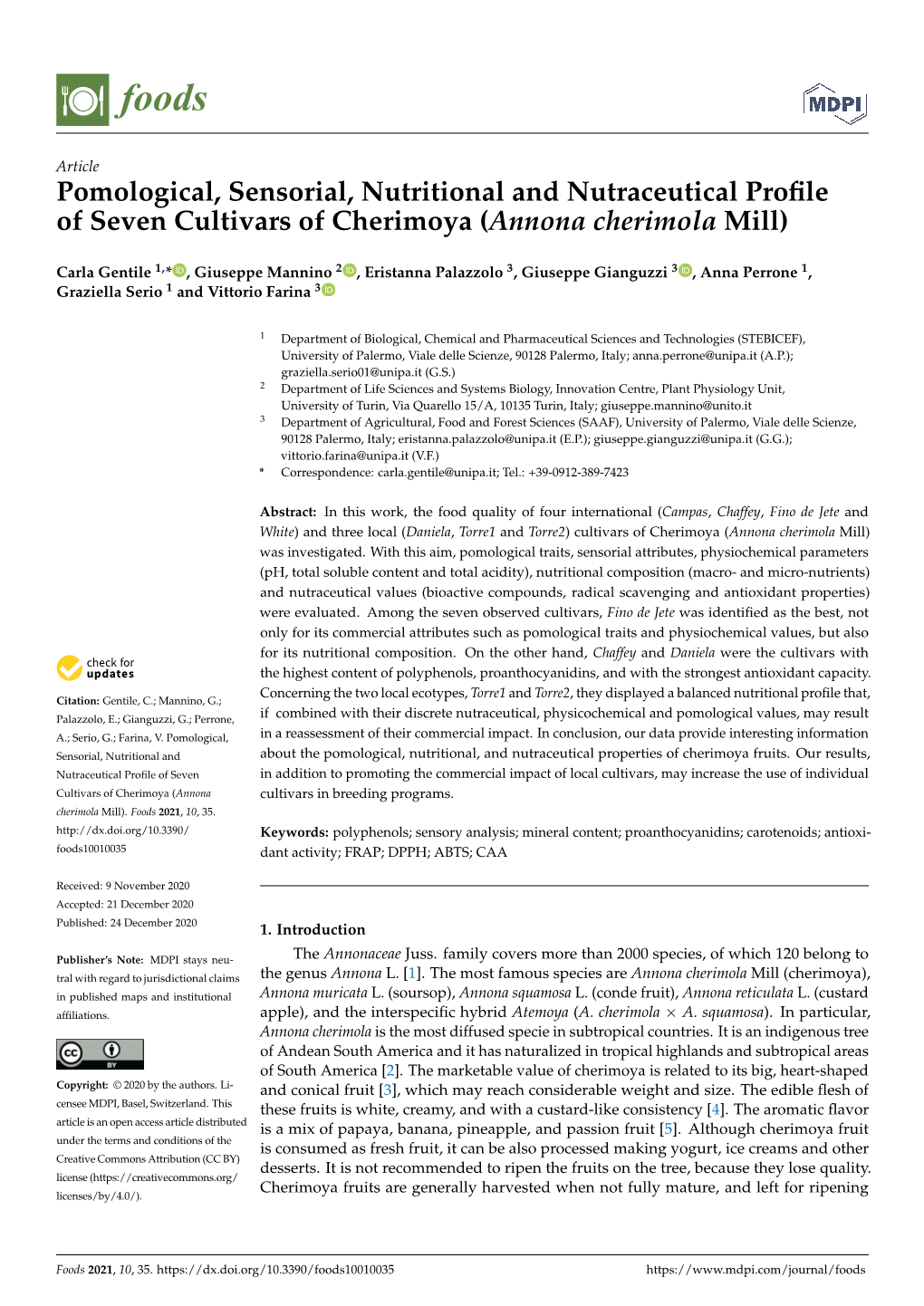 Pomological, Sensorial, Nutritional and Nutraceutical Profile Of