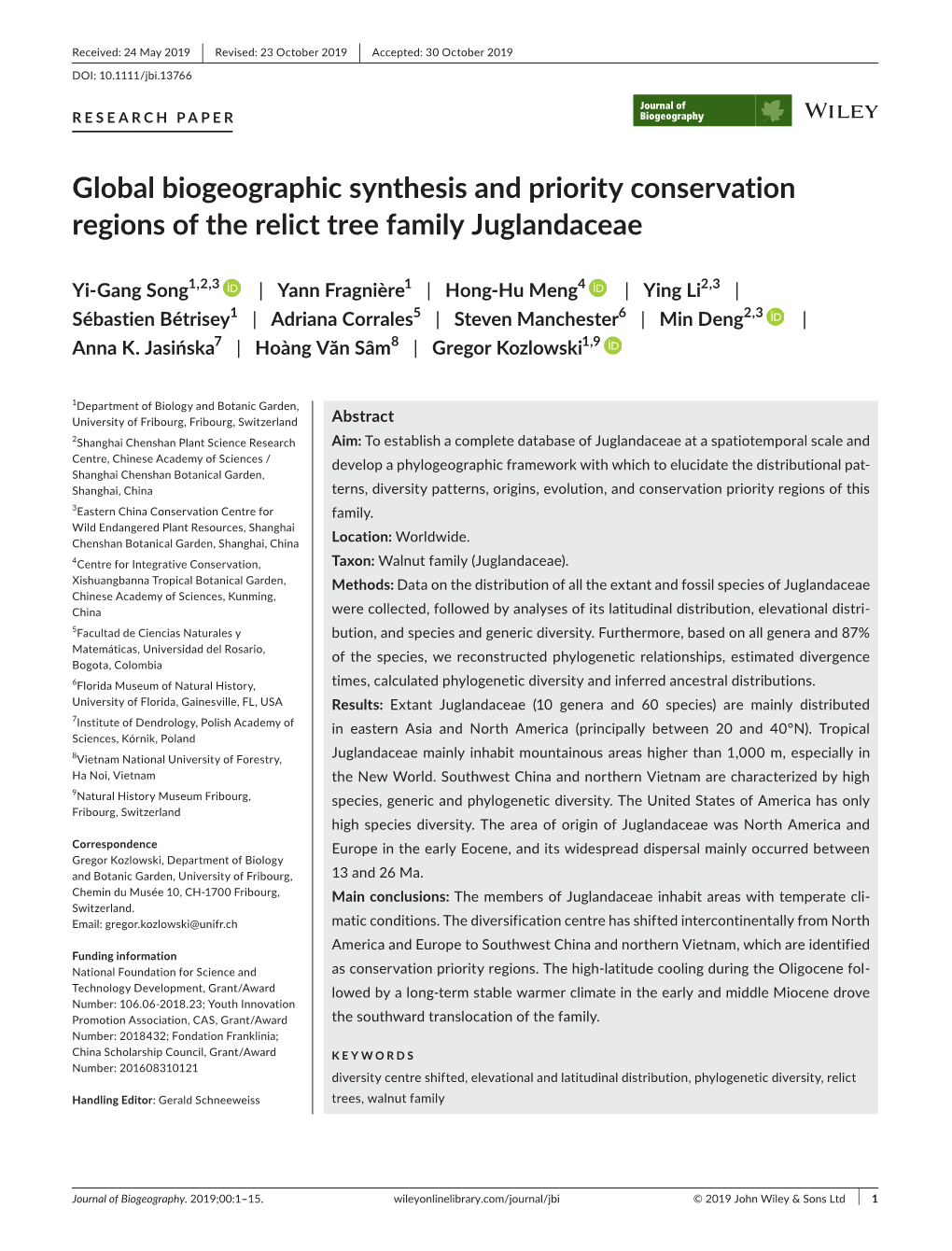 Global Biogeographic Synthesis and Priority Conservation Regions of the Relict Tree Family Juglandaceae