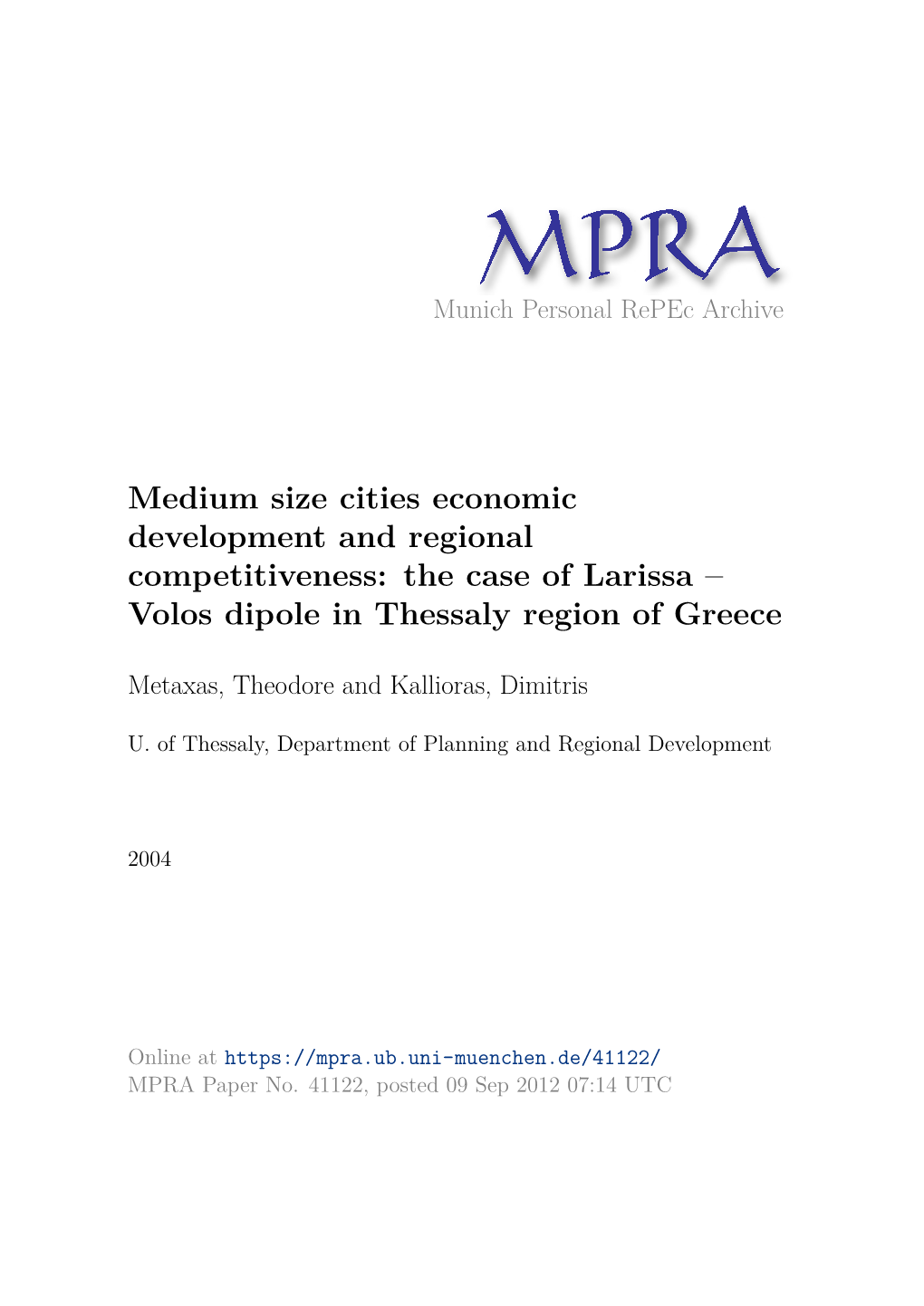 Medium Size Cities Economic Development and Regional Competitiveness: the Case of Larissa – Volos Dipole in Thessaly Region of Greece