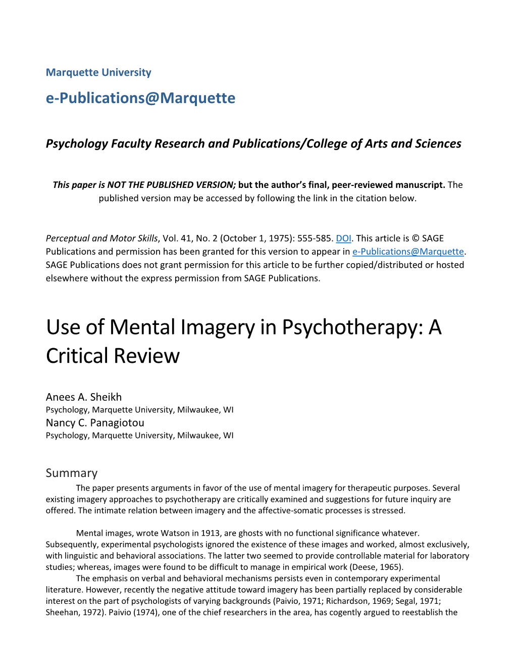 Use of Mental Imagery in Psychotherapy: a Critical Review