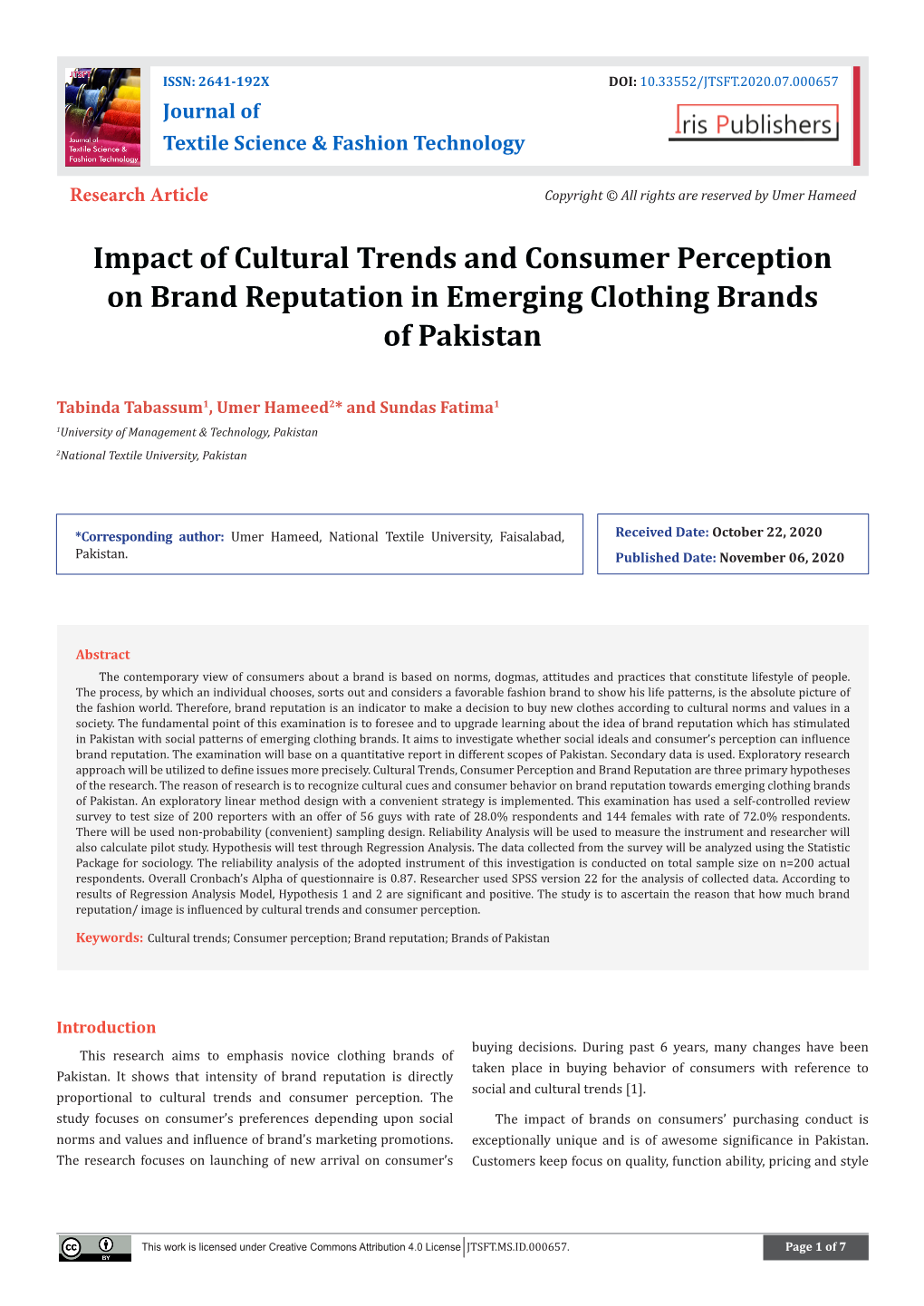 Impact of Cultural Trends and Consumer Perception on Brand Reputation in Emerging Clothing Brands of Pakistan