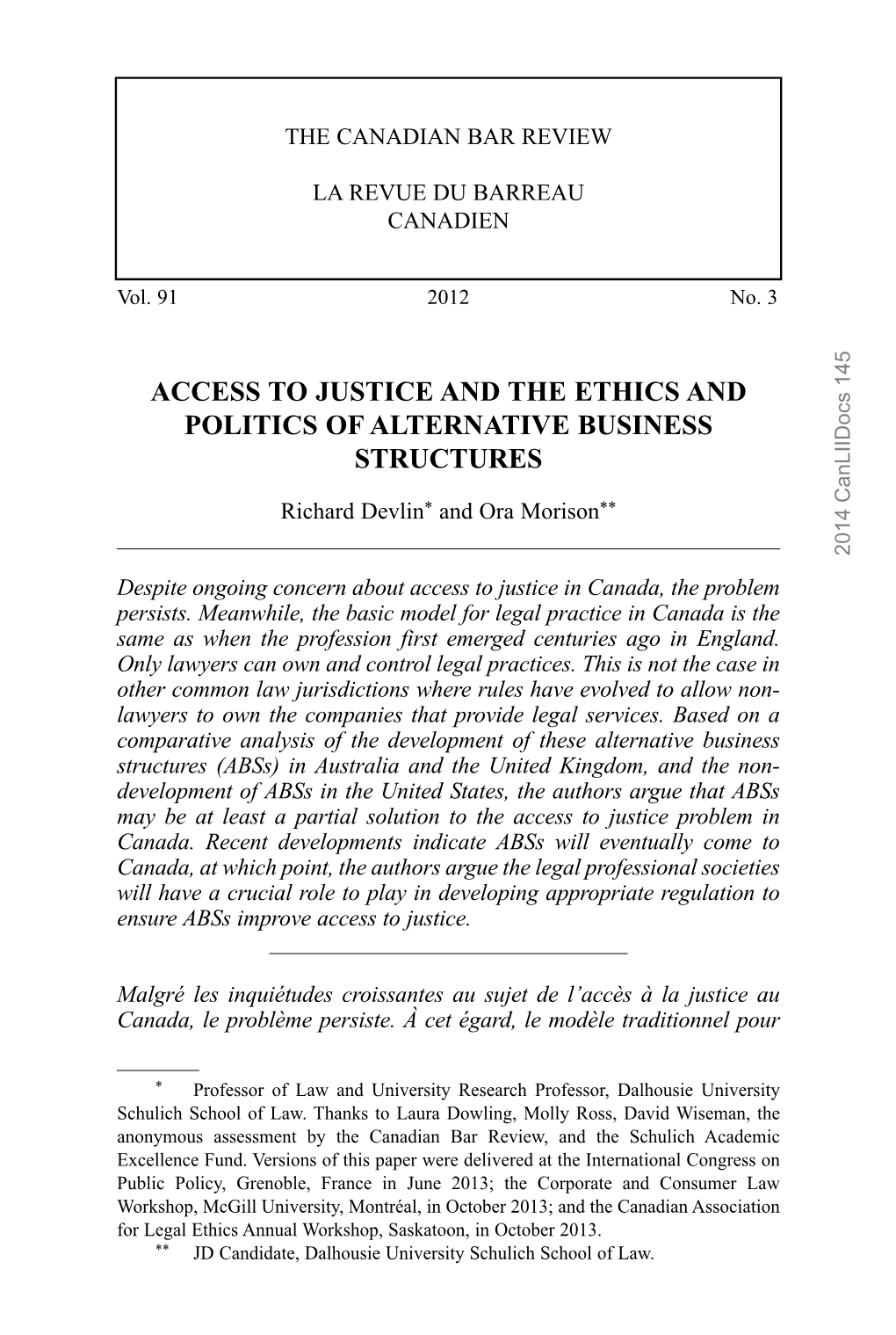 Access to Justice and the Ethics and Politics of Alternative Business Structures